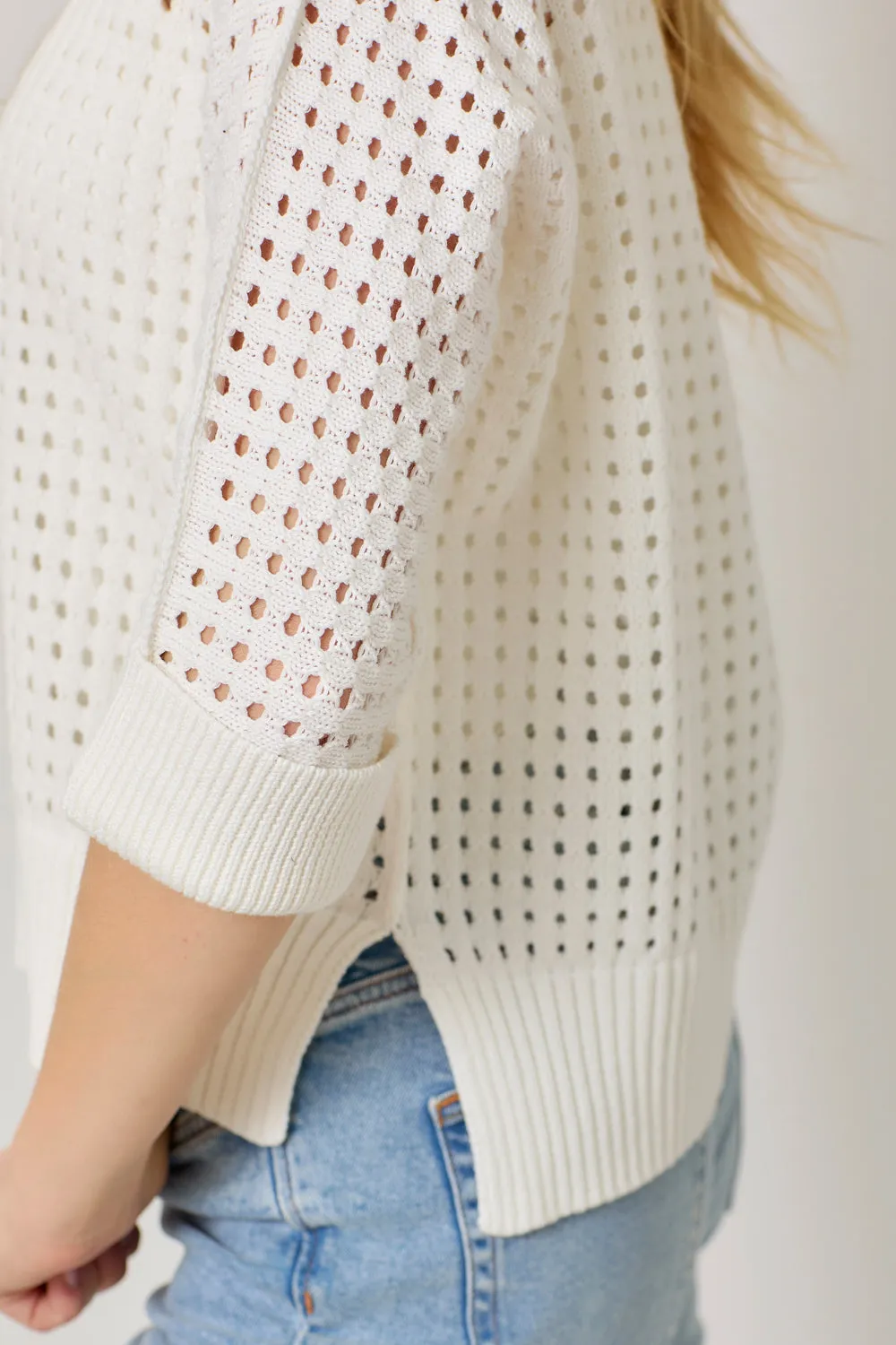 3/4 Sleeve Open Stitch Sweater [Off White-70008]