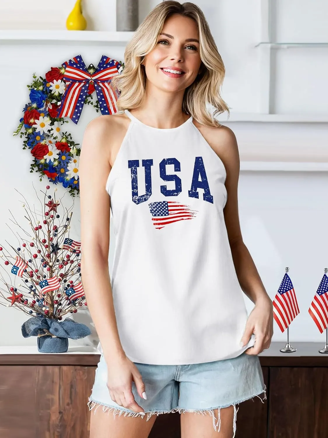 4th of July Tank Tops for Women American Flag Patriotic Halter Top Summer USA Independence Day Sleeveless Shirts