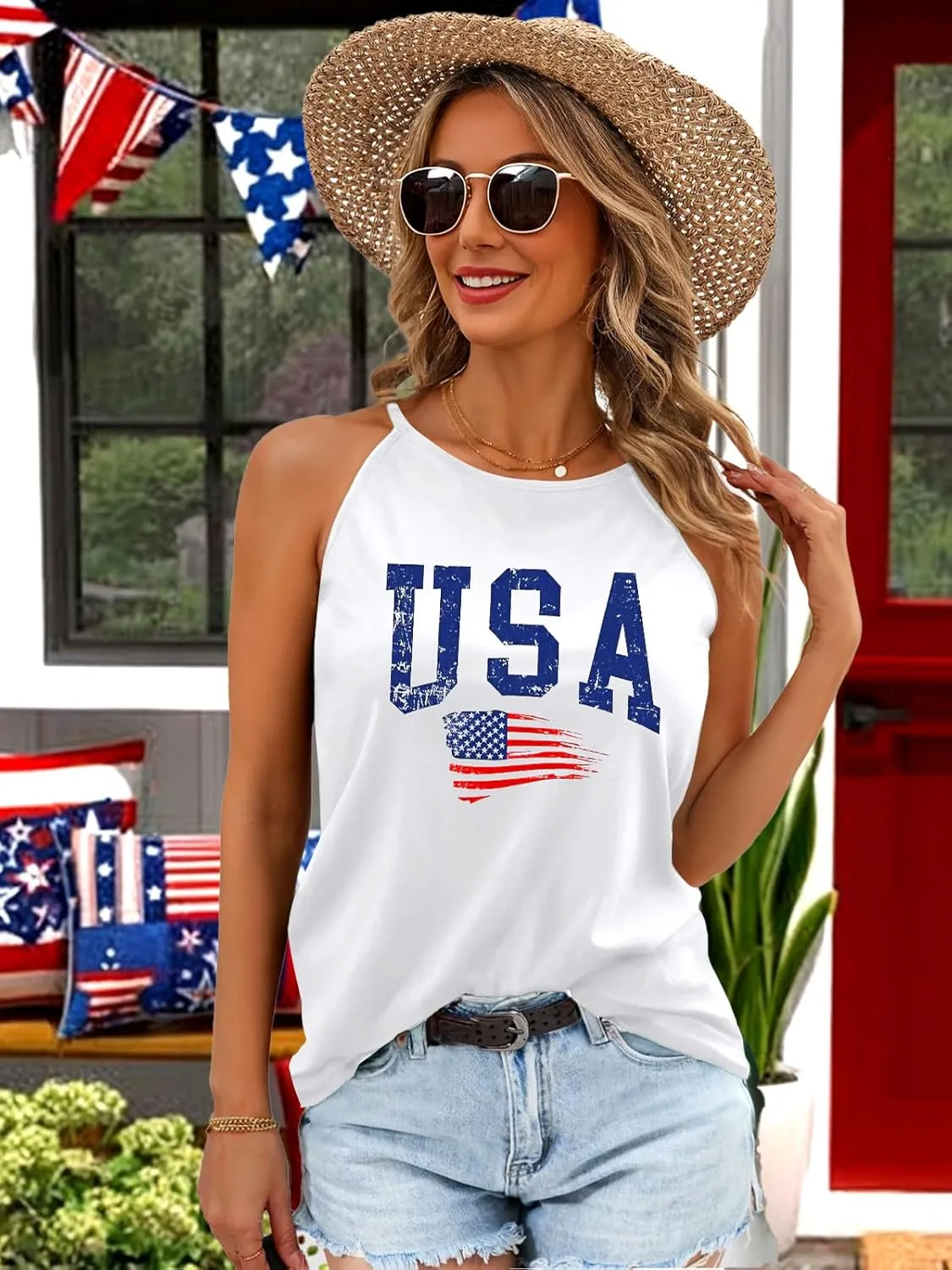 4th of July Tank Tops for Women American Flag Patriotic Halter Top Summer USA Independence Day Sleeveless Shirts