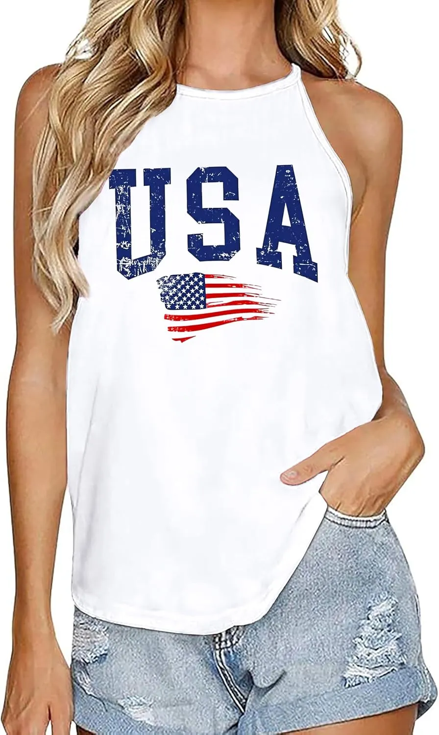 4th of July Tank Tops for Women American Flag Patriotic Halter Top Summer USA Independence Day Sleeveless Shirts