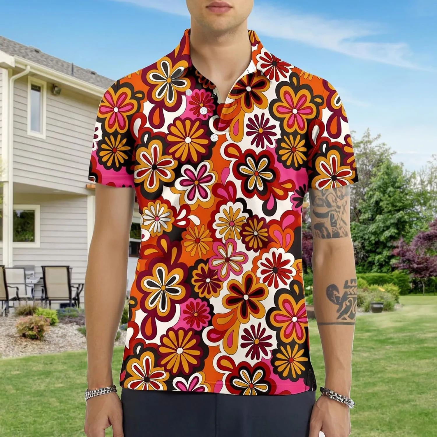 70s Outfits for Men Golf Polo Shirts Short Sleeve Disco Retro Paisley Button Vintage Dry Fit Funny Clothes