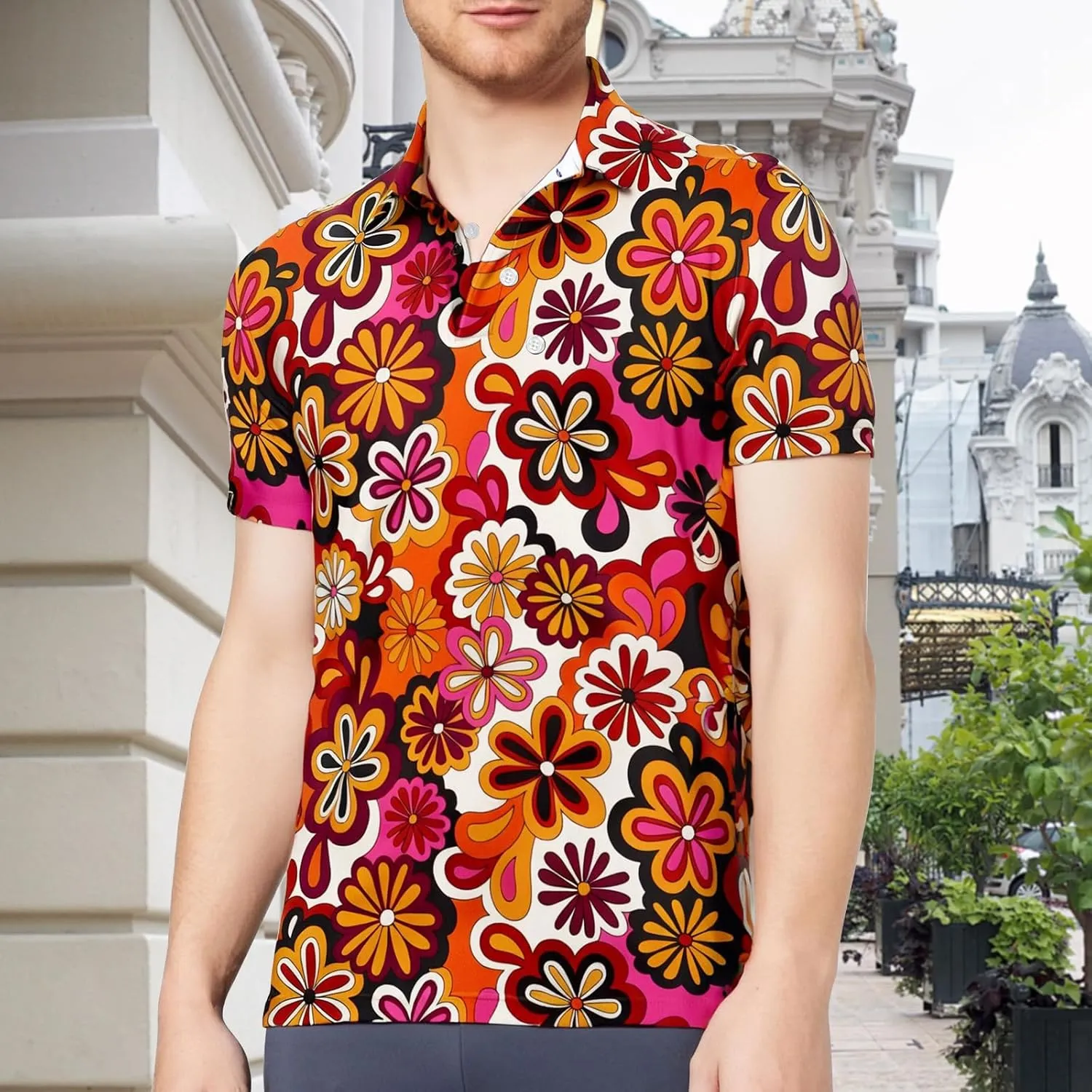 70s Outfits for Men Golf Polo Shirts Short Sleeve Disco Retro Paisley Button Vintage Dry Fit Funny Clothes