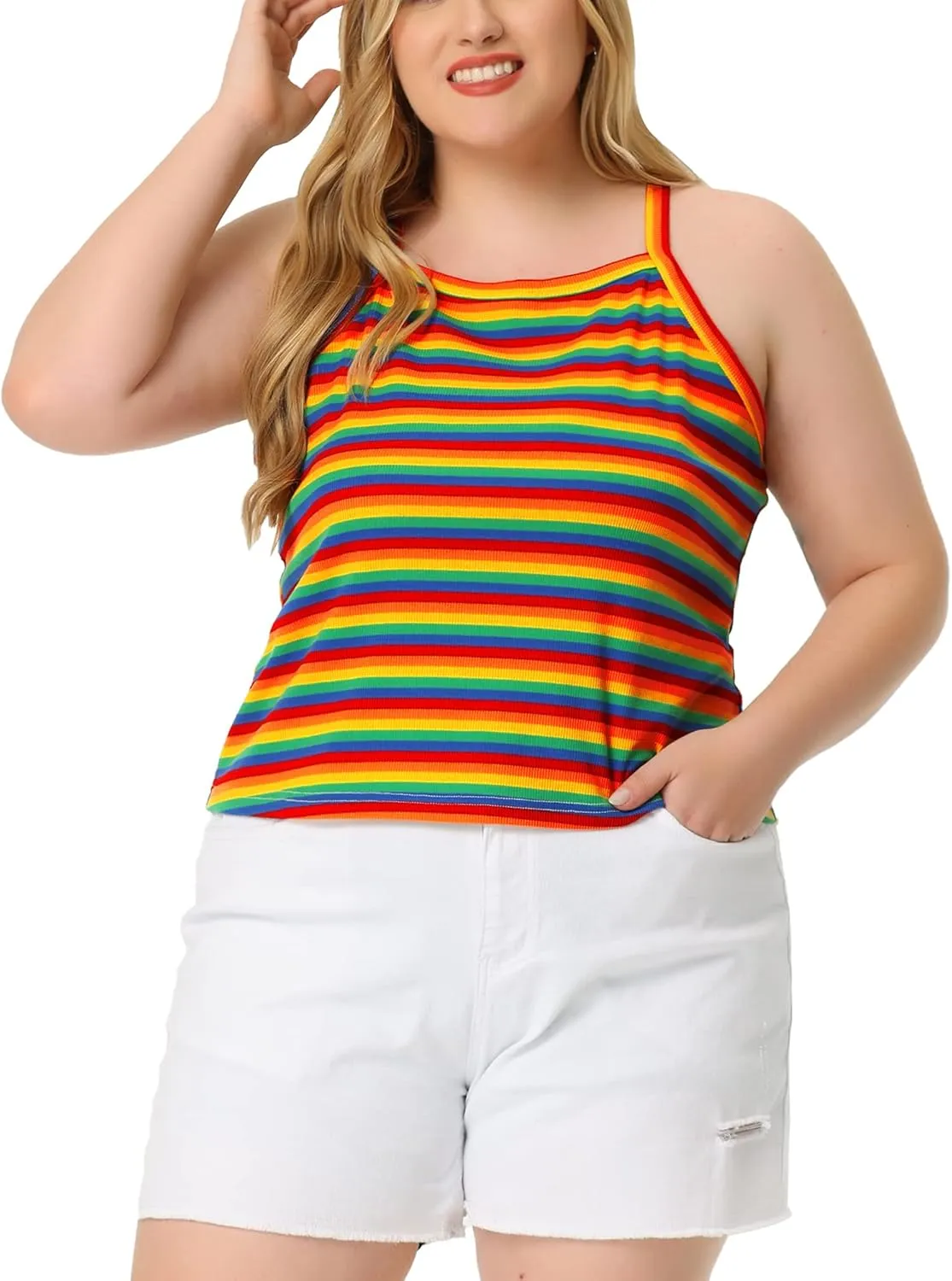 Agnes Orinda Women's Plus Size Cami Strap Rainbow Sleeveless Stretch Camisole Tops 2023
