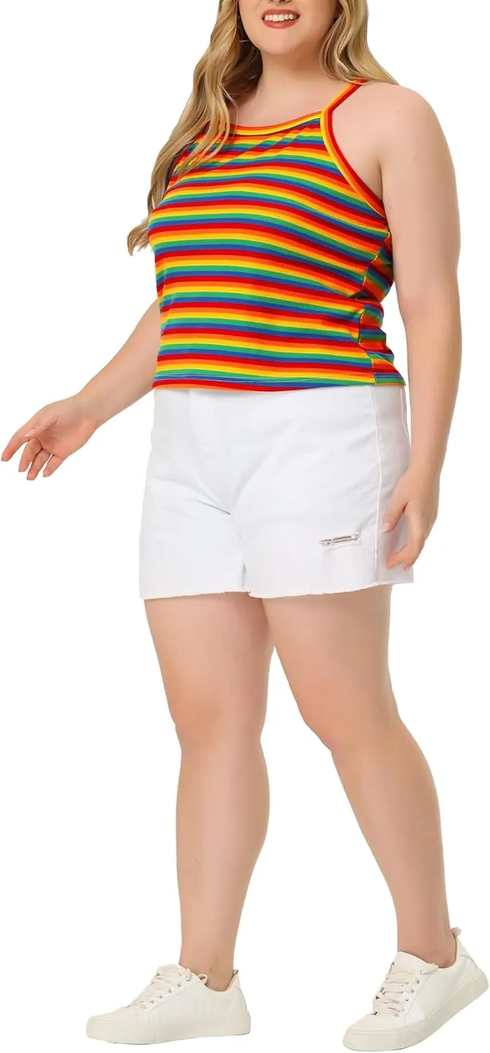 Agnes Orinda Women's Plus Size Cami Strap Rainbow Sleeveless Stretch Camisole Tops 2023