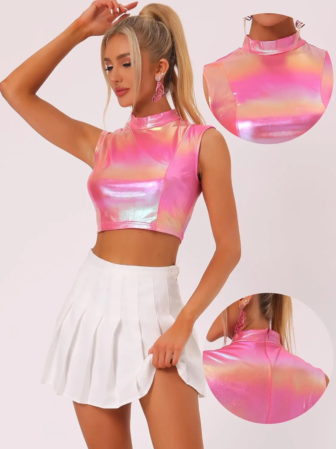 Allegra K Metallic Crop Top for Women's Halloween Shiny Sleeveless Holographic Party Tank Tops