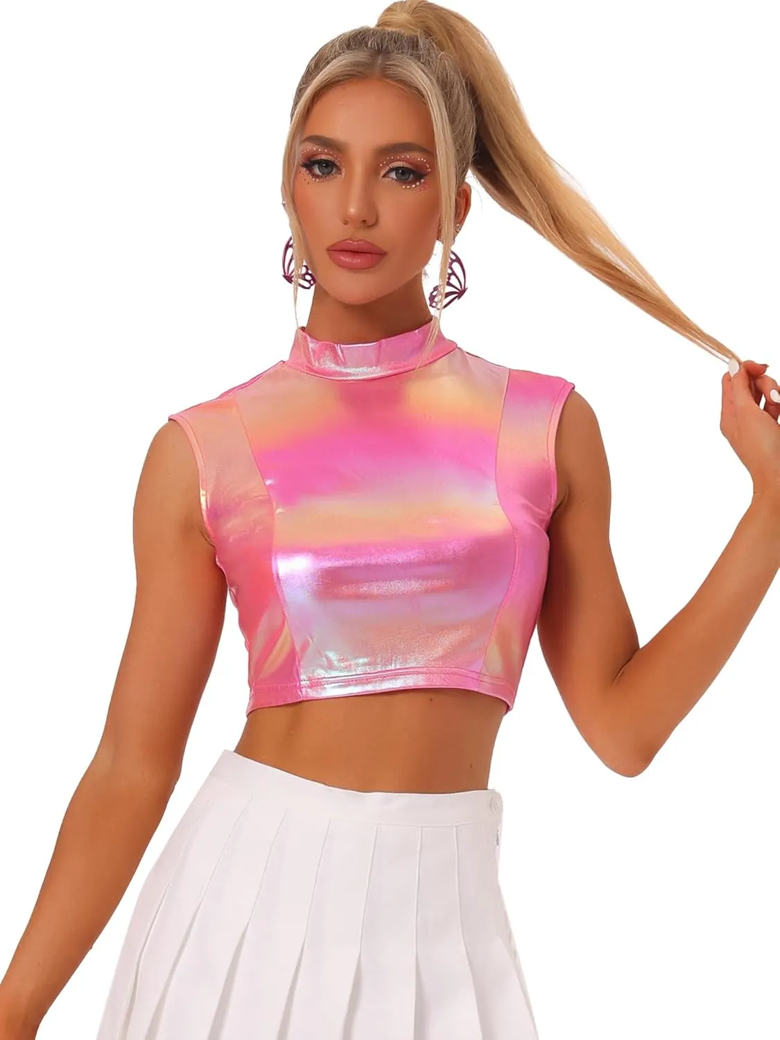 Allegra K Metallic Crop Top for Women's Halloween Shiny Sleeveless Holographic Party Tank Tops
