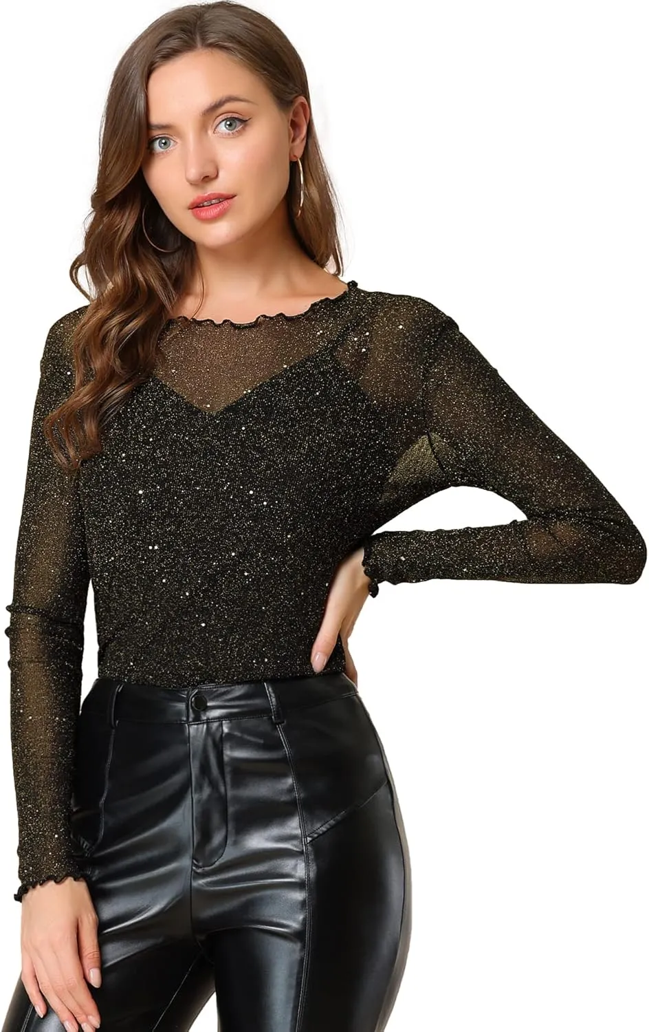Allegra K Women's Long Sleeve Mesh Tops Spaghetti Strap Camisole Party Christmas Shirt