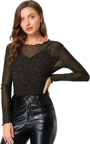Allegra K Women's Long Sleeve Mesh Tops Spaghetti Strap Camisole Party Christmas Shirt