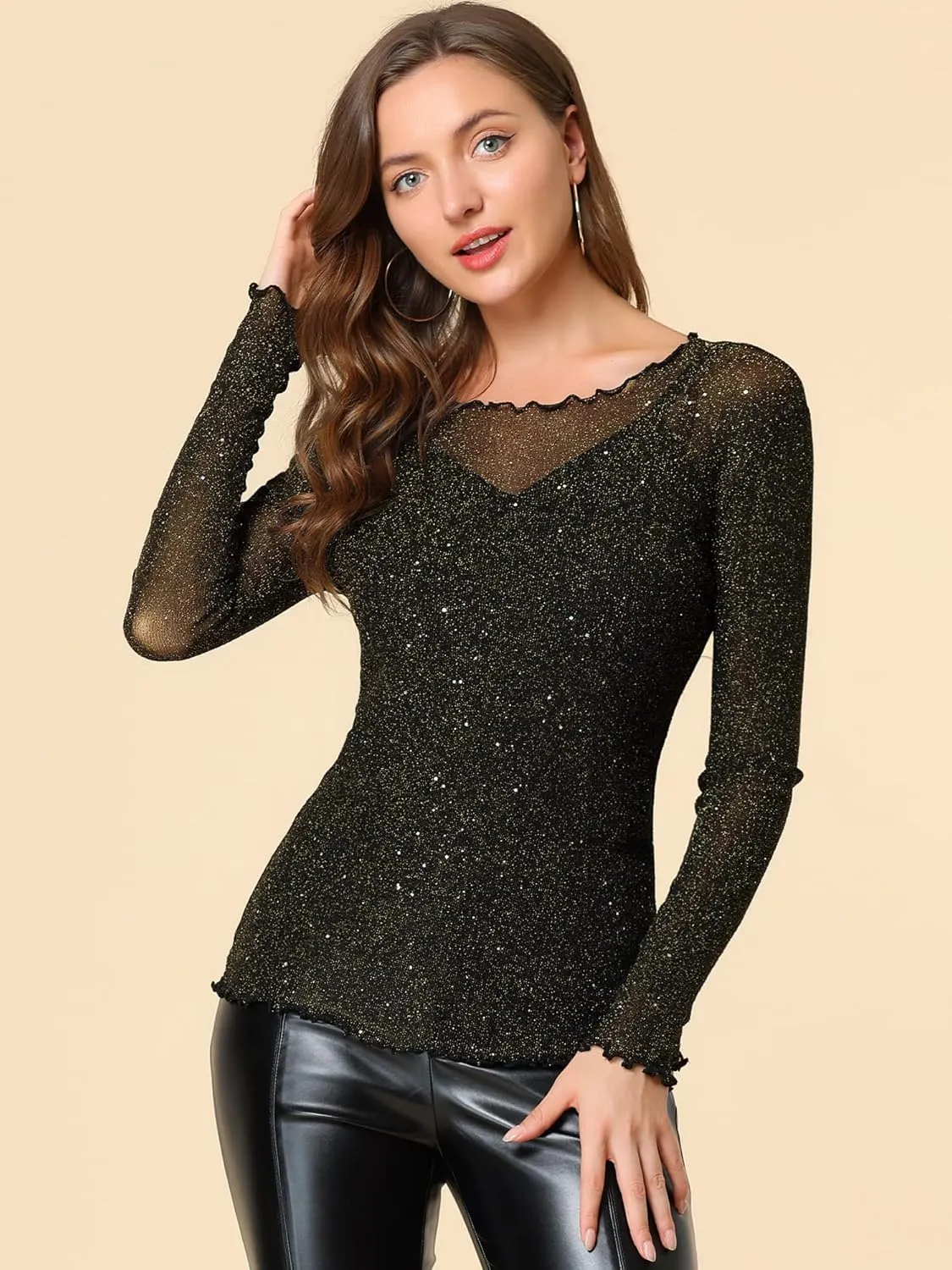 Allegra K Women's Long Sleeve Mesh Tops Spaghetti Strap Camisole Party Christmas Shirt