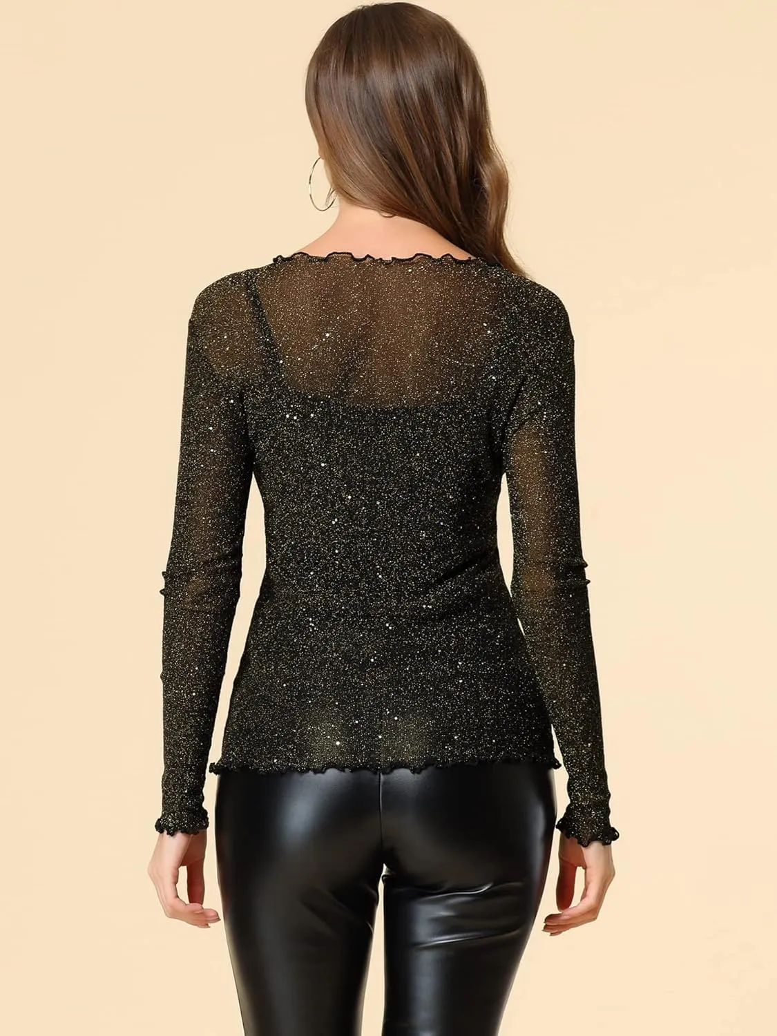 Allegra K Women's Long Sleeve Mesh Tops Spaghetti Strap Camisole Party Christmas Shirt