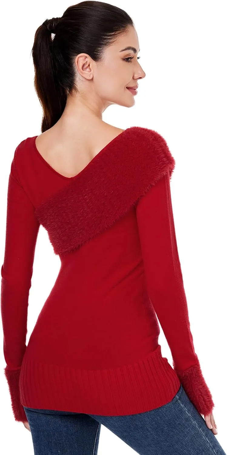 AmlieBoutik Women Asymmetric Neckline Faux Fur Trim Long Sleeve Fashion Casual Tunic Sweater Tops