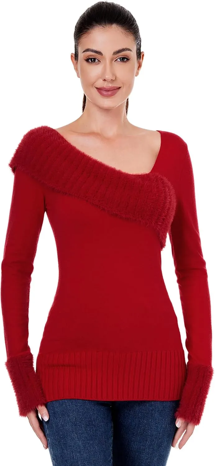AmlieBoutik Women Asymmetric Neckline Faux Fur Trim Long Sleeve Fashion Casual Tunic Sweater Tops