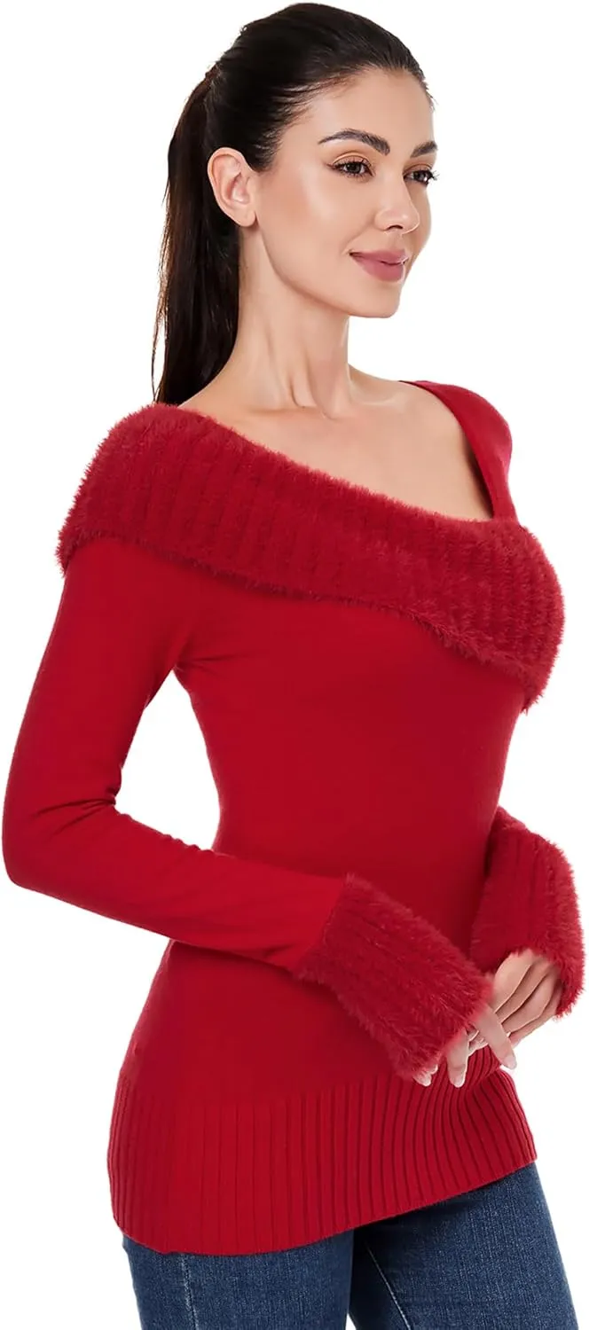 AmlieBoutik Women Asymmetric Neckline Faux Fur Trim Long Sleeve Fashion Casual Tunic Sweater Tops