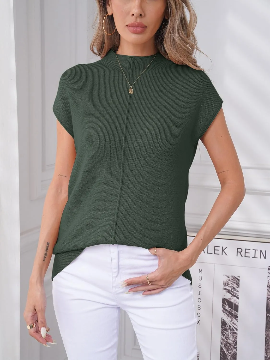 Anbech Women's Mock Neck Sleeveless Sweater Vest Cap Sleeve Knit Summer Tank Tops