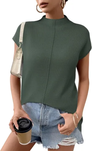 Anbech Women's Mock Neck Sleeveless Sweater Vest Cap Sleeve Knit Summer Tank Tops