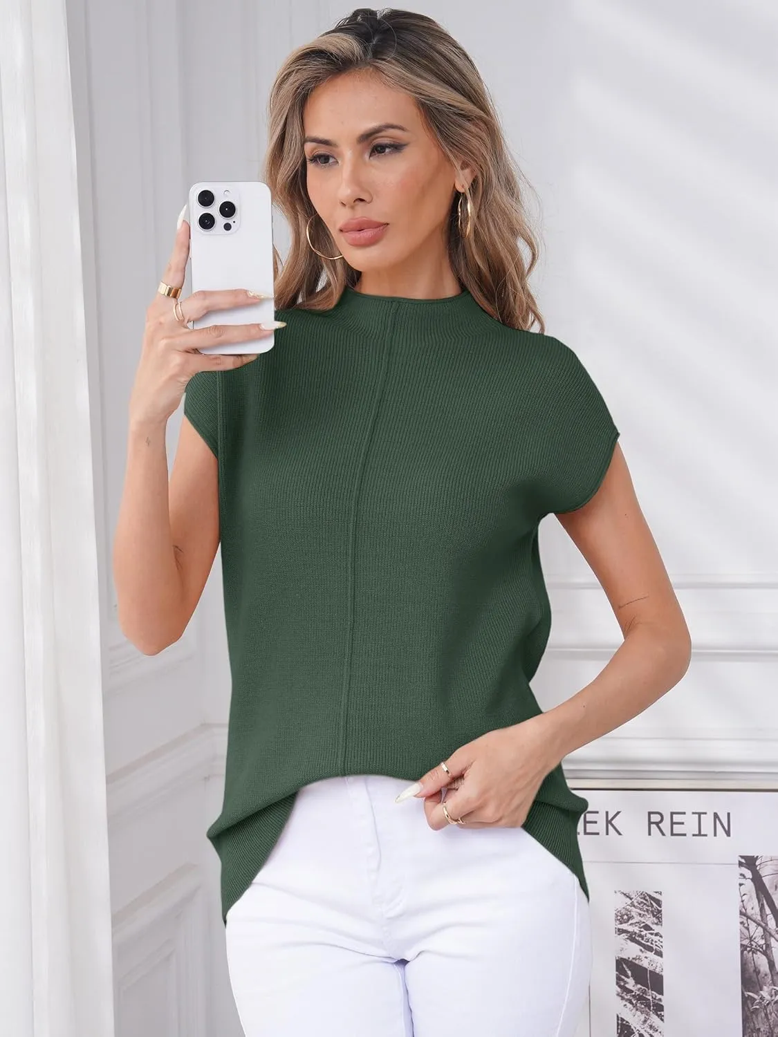 Anbech Women's Mock Neck Sleeveless Sweater Vest Cap Sleeve Knit Summer Tank Tops