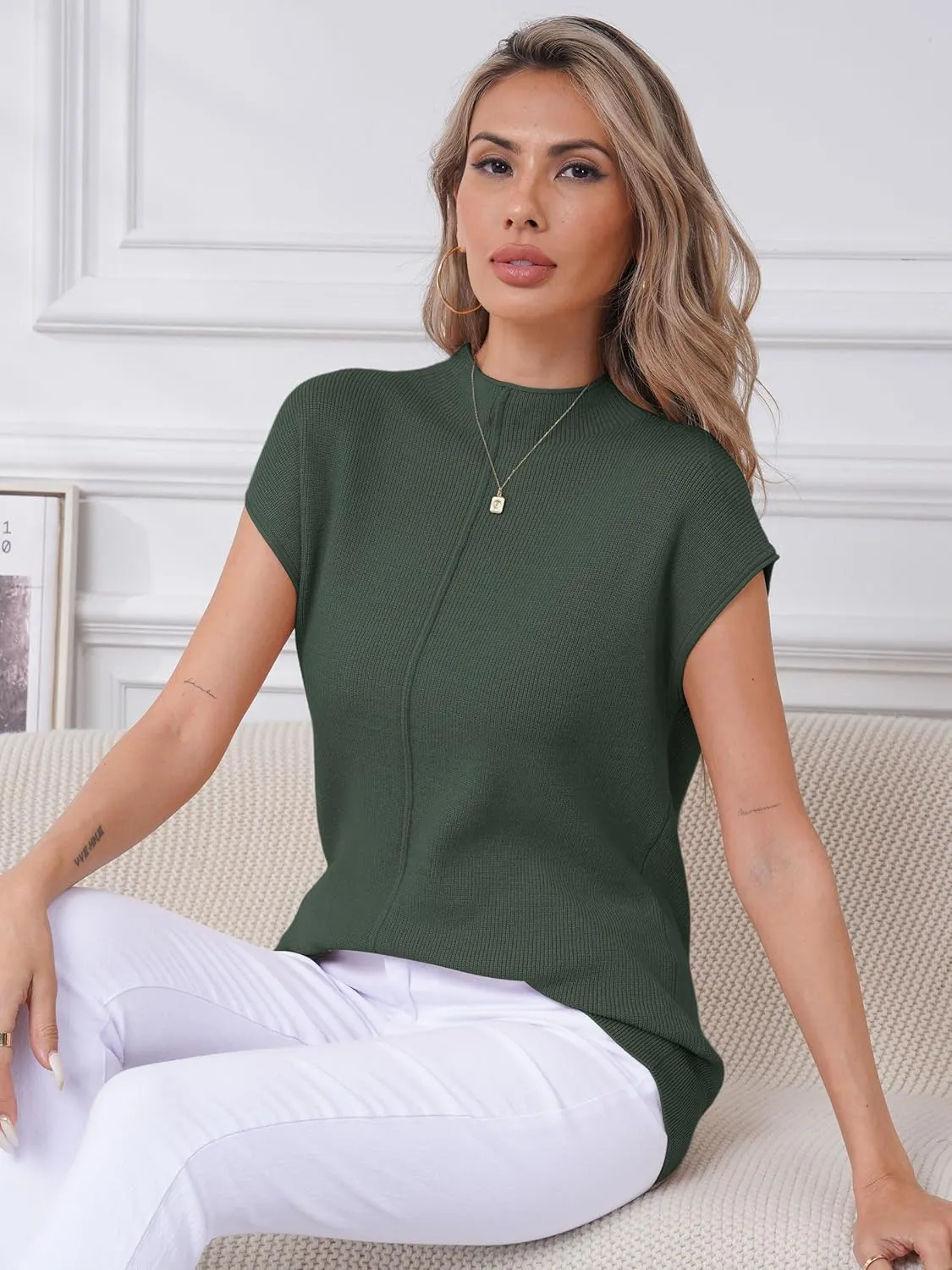 Anbech Women's Mock Neck Sleeveless Sweater Vest Cap Sleeve Knit Summer Tank Tops