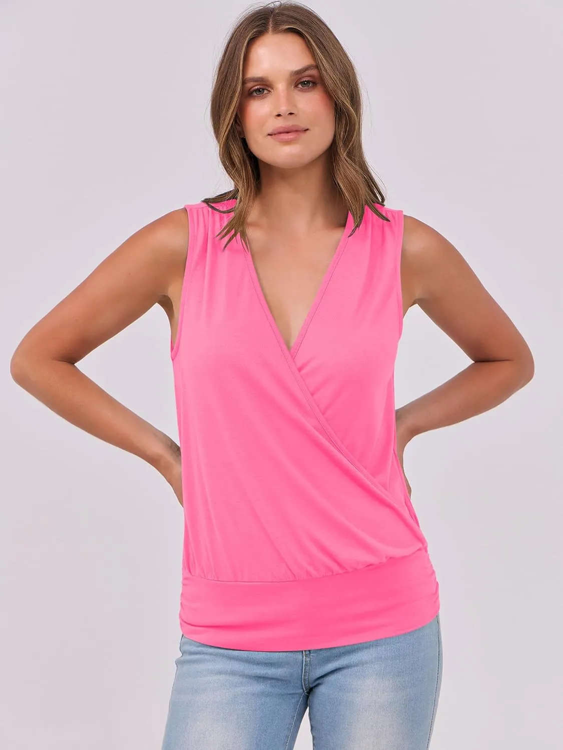 ANRABESS Womens V Neck Tank Tops Wrap Banded Hem Shirts Sleeveless Ruched Going Out Blouse 2025 Summer Fashion Clothing