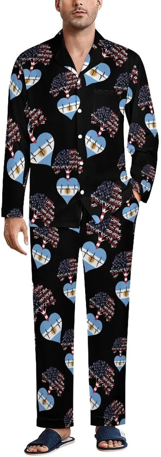 Argentina US Root Heartbeat 2 PCS Men Pajama Set Long Sleeve Button-down Shirts Tops & Sleep Pants Loungewear