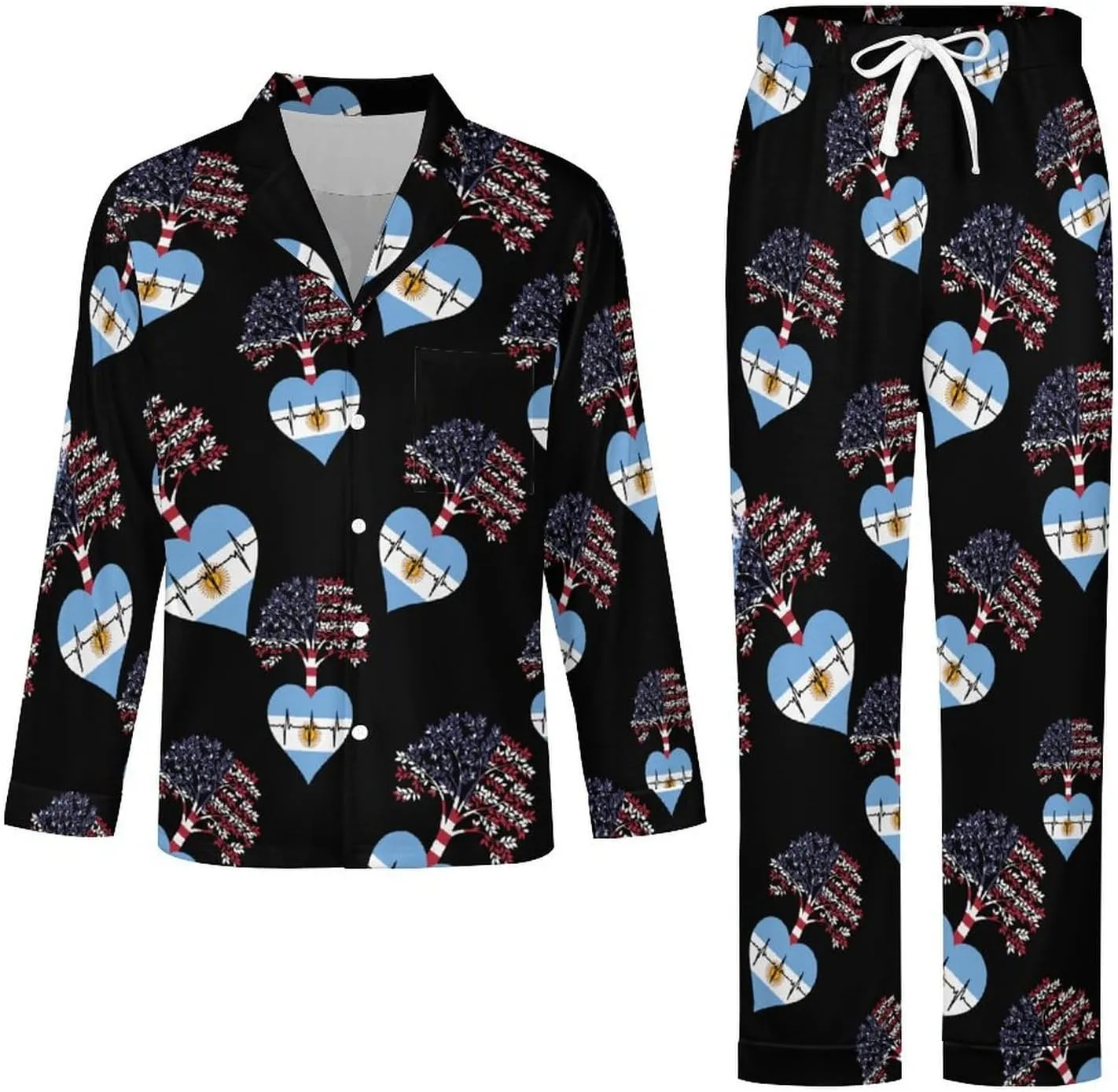 Argentina US Root Heartbeat 2 PCS Men Pajama Set Long Sleeve Button-down Shirts Tops & Sleep Pants Loungewear