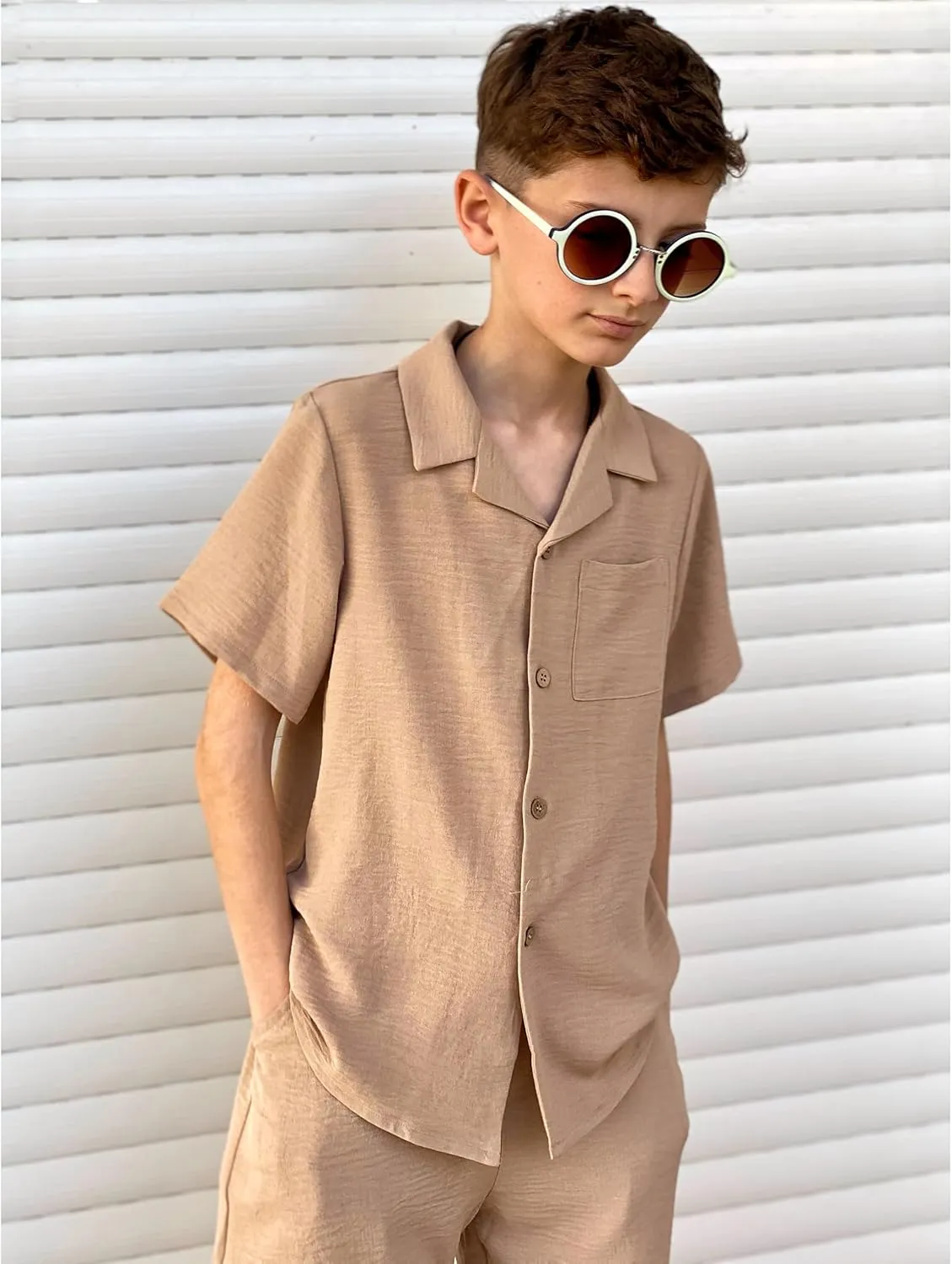 Arshiner Boys 2 Pieces Summer Beach Outfits Short Sleeve Button Down Shirts and Shorts Vacation Texture Sets for Kids