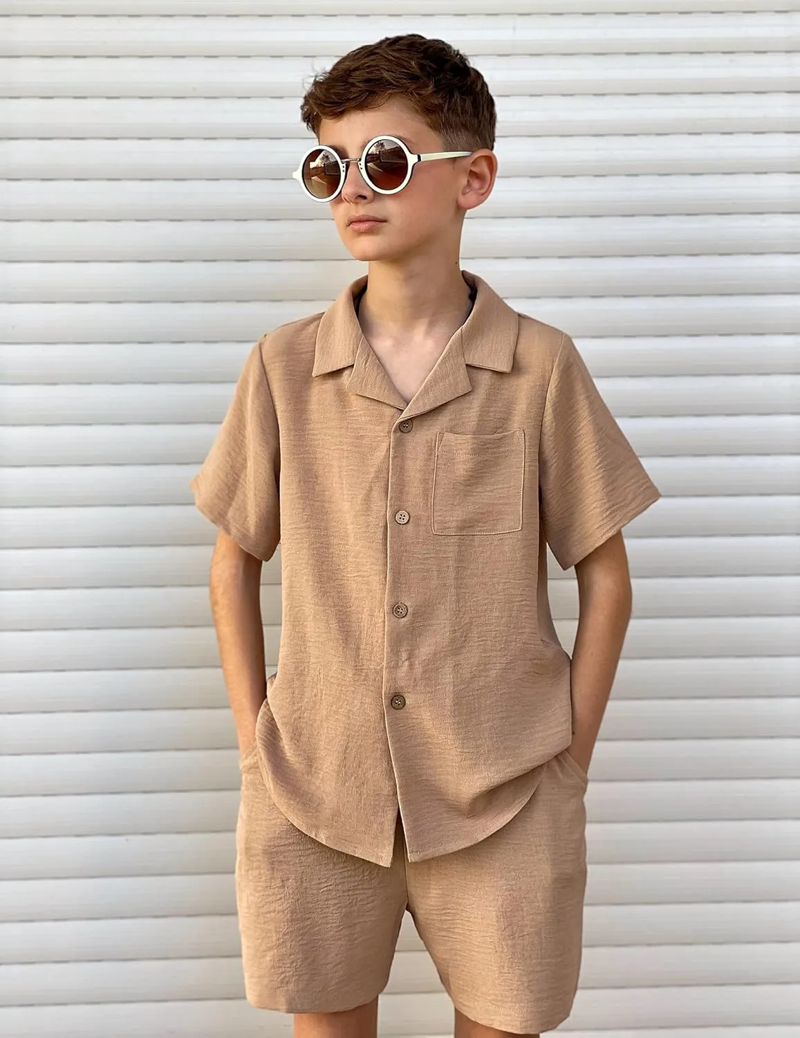 Arshiner Boys 2 Pieces Summer Beach Outfits Short Sleeve Button Down Shirts and Shorts Vacation Texture Sets for Kids