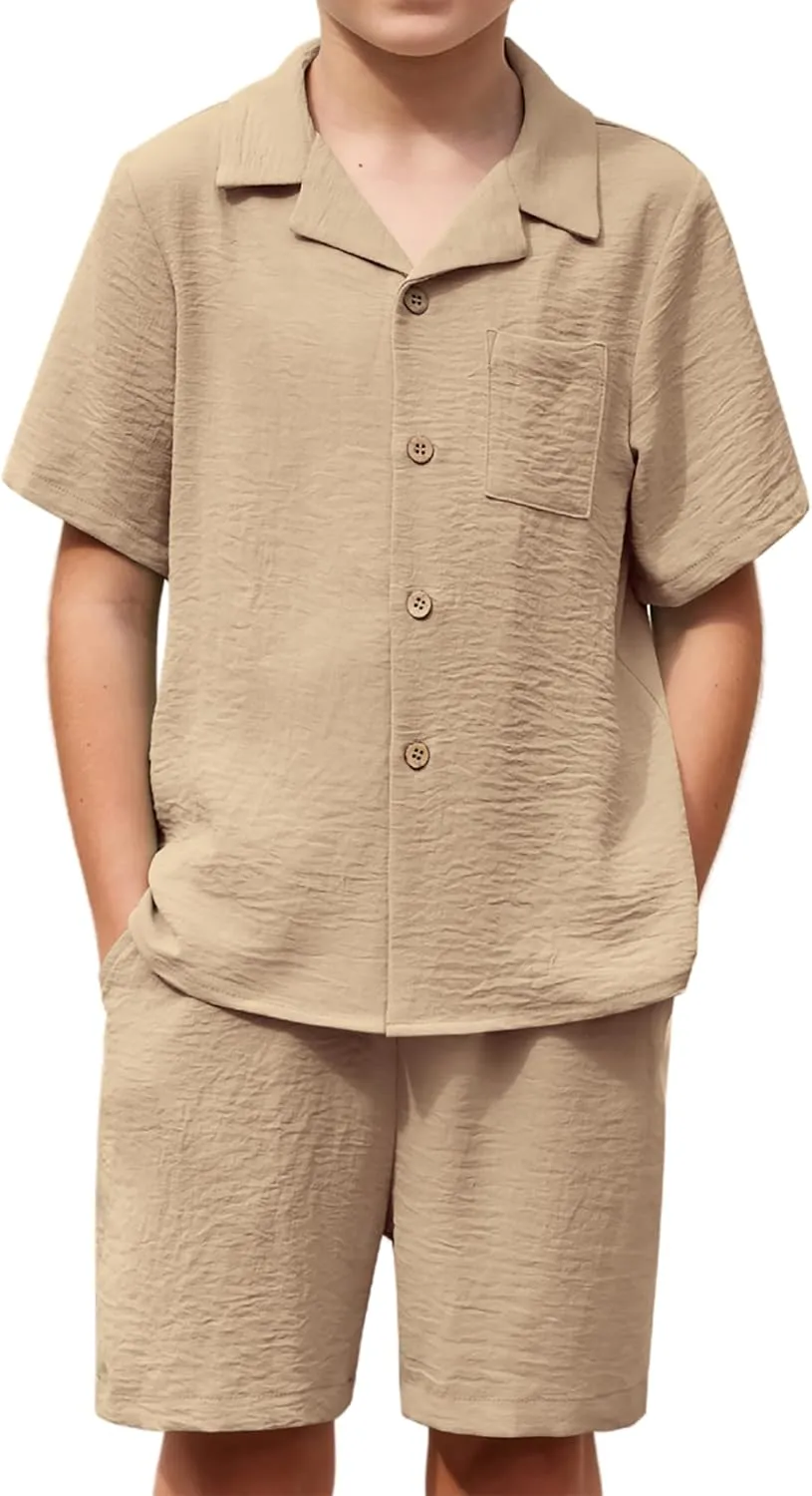 Arshiner Boys 2 Pieces Summer Beach Outfits Short Sleeve Button Down Shirts and Shorts Vacation Texture Sets for Kids