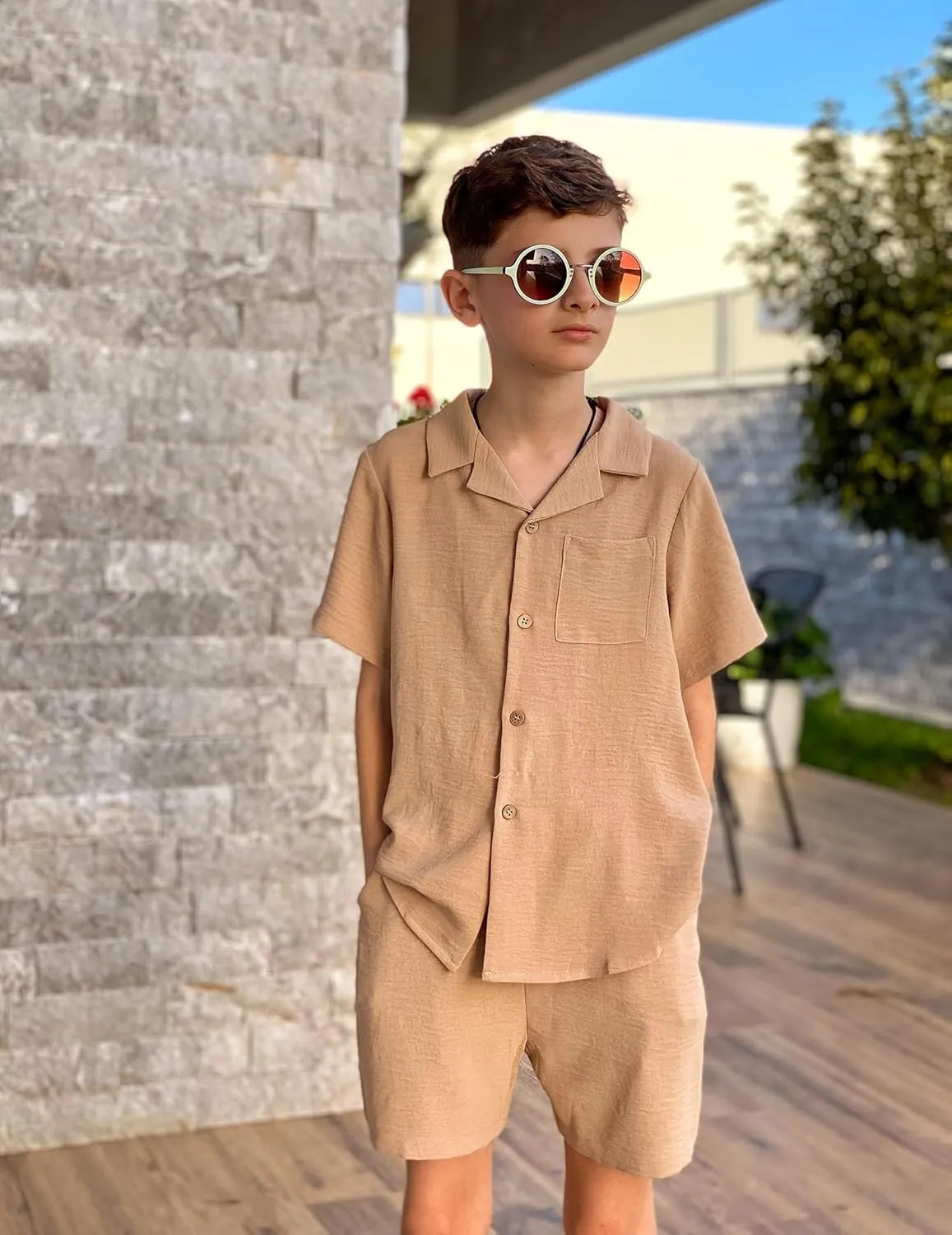 Arshiner Boys 2 Pieces Summer Beach Outfits Short Sleeve Button Down Shirts and Shorts Vacation Texture Sets for Kids