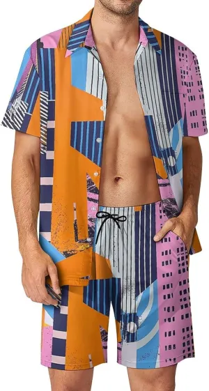 Art Collage Style Mens Swimsuit 2 Pieces Set Quick Dry Shorts Shirts Summer Button Down Short Sleeve Set