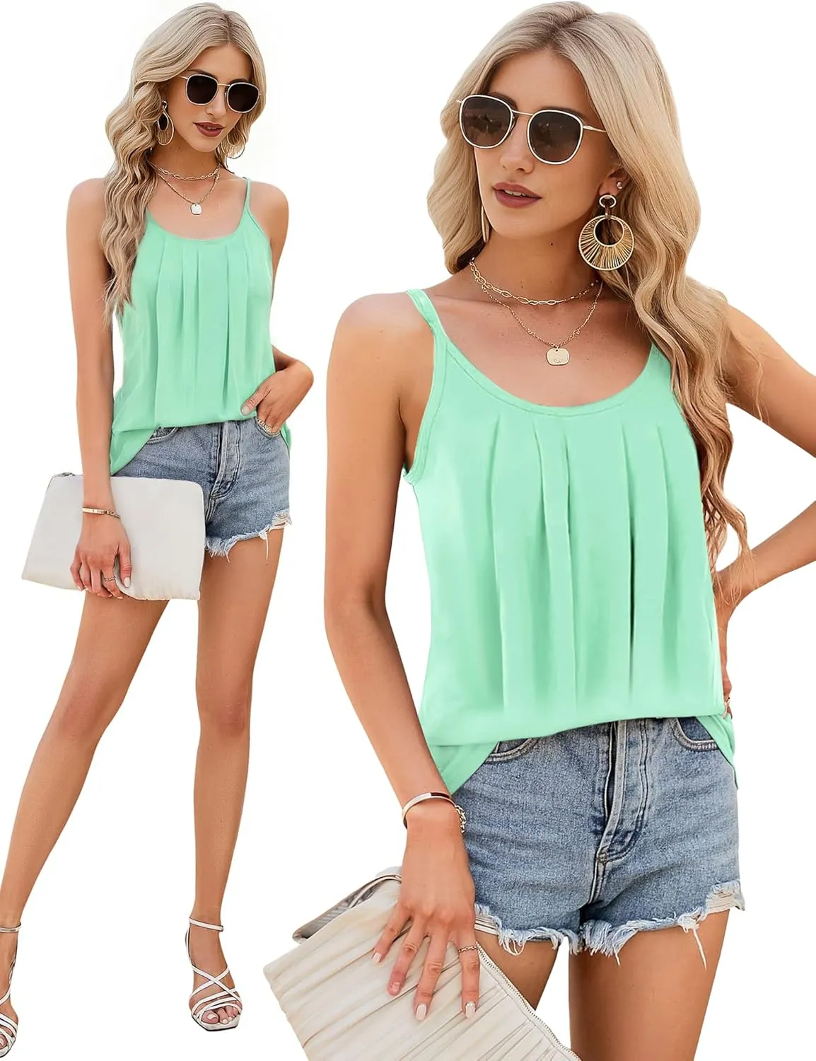 AURUZA Summer Tank Tops for Women Pleated Spaghetti Strap Camisole Loose Fit Casual Scoop Neck Sleeveless Shirts 2025