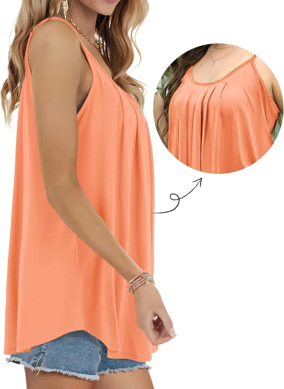 AURUZA Summer Tank Tops for Women Pleated Spaghetti Strap Camisole Loose Fit Casual Scoop Neck Sleeveless Shirts 2025