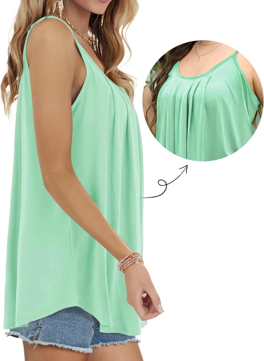 AURUZA Summer Tank Tops for Women Pleated Spaghetti Strap Camisole Loose Fit Casual Scoop Neck Sleeveless Shirts 2025