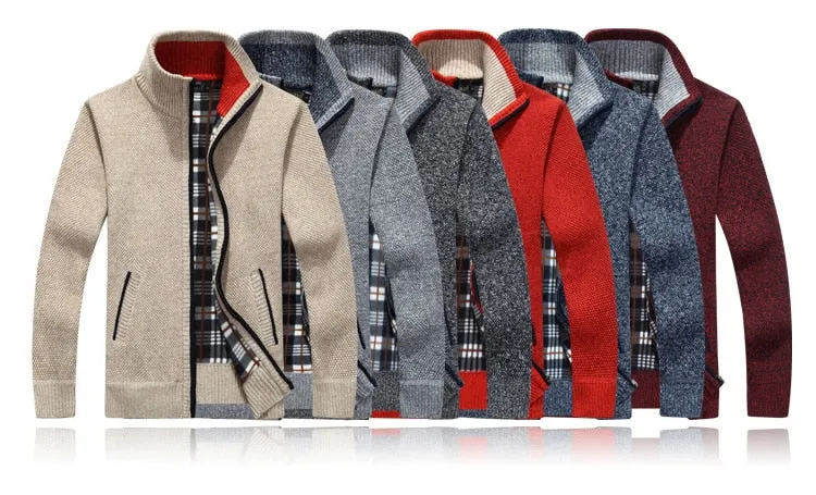 Autumn Winter Men Sweater Coat Faux Fur Wool Sweater Jackets Men Zipper Knitted Thick Coat Warm Casual Knitwear Cardigan