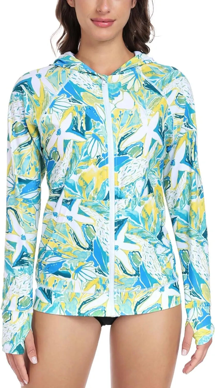 AXESEA Women's Hoodie Rash Guard UV Sun Protection Long Sleeve Hooded Swim Shirts Full Zip Front Swimsuit Tops