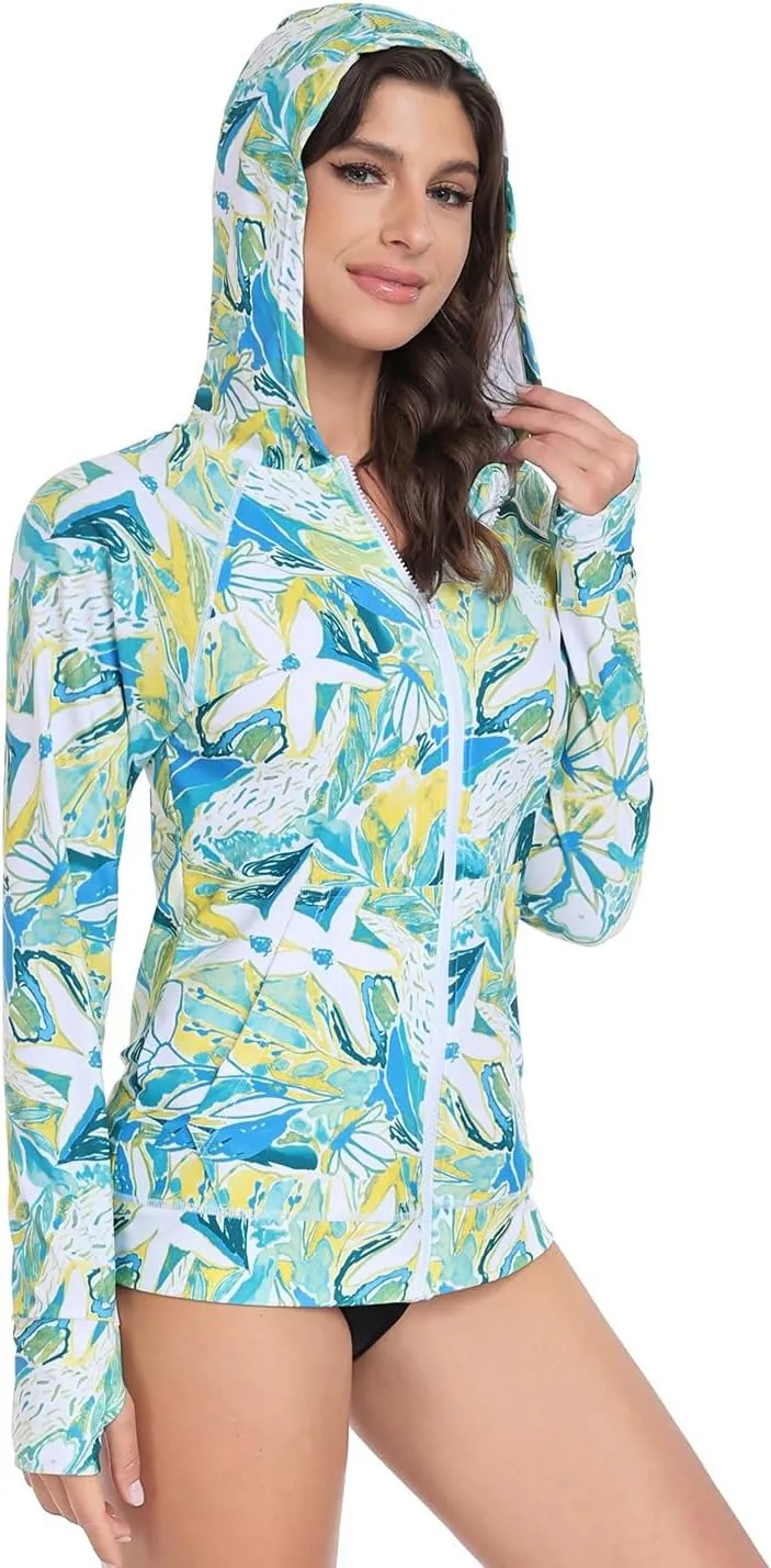 AXESEA Women's Hoodie Rash Guard UV Sun Protection Long Sleeve Hooded Swim Shirts Full Zip Front Swimsuit Tops