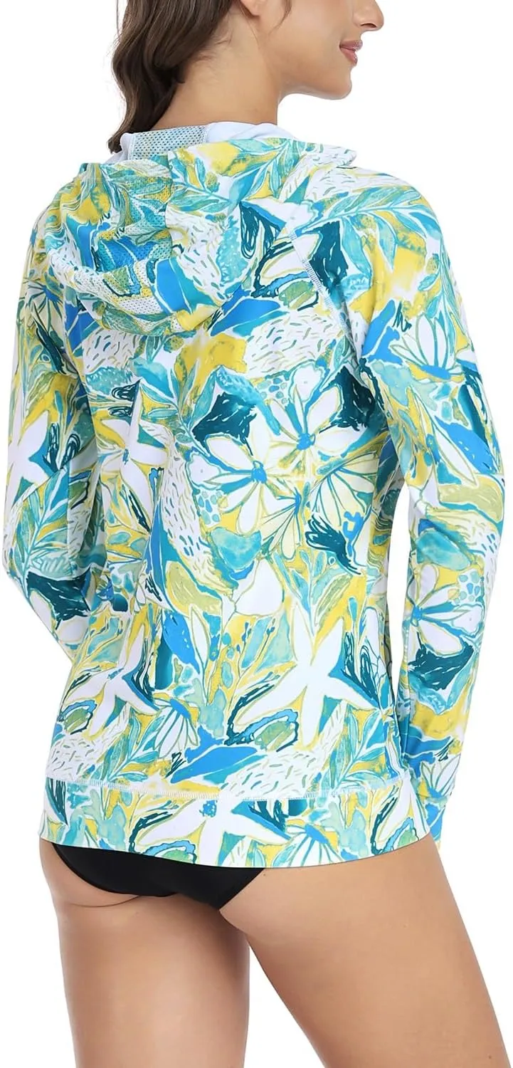 AXESEA Women's Hoodie Rash Guard UV Sun Protection Long Sleeve Hooded Swim Shirts Full Zip Front Swimsuit Tops