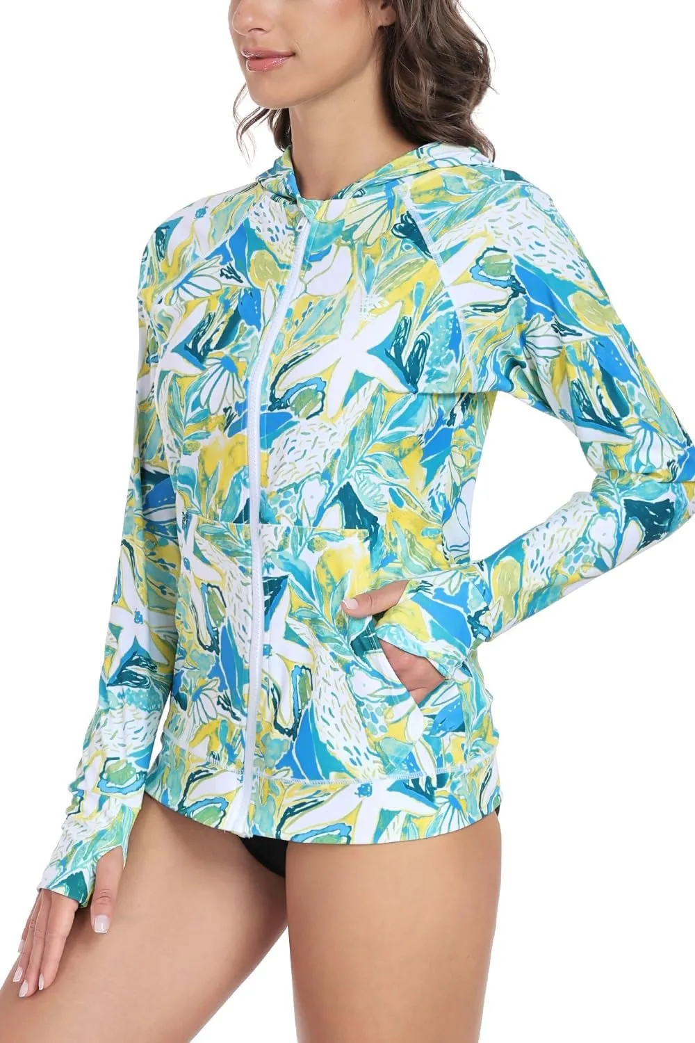 AXESEA Women's Hoodie Rash Guard UV Sun Protection Long Sleeve Hooded Swim Shirts Full Zip Front Swimsuit Tops