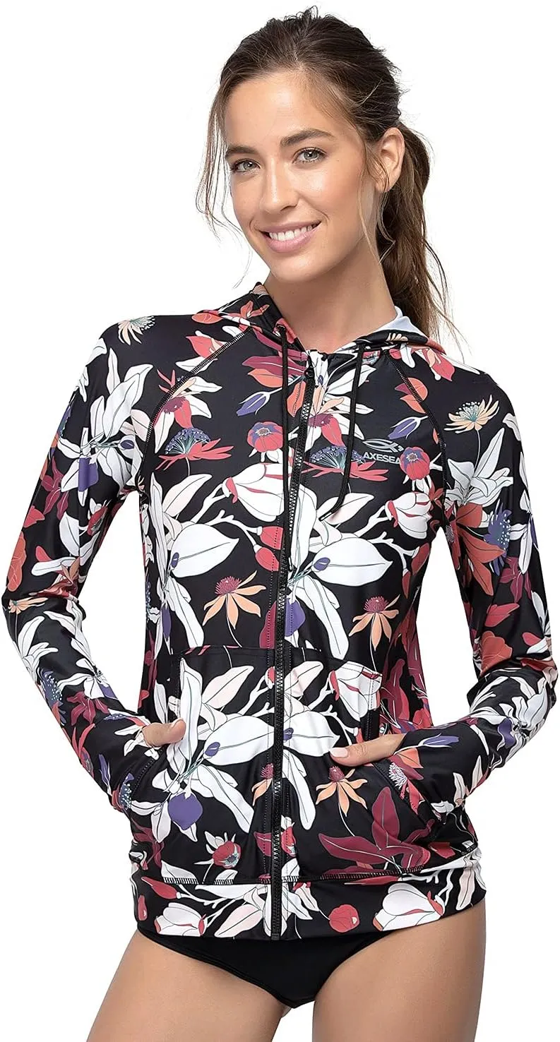 AXESEA Women's Hoodie Rash Guard UV Sun Protection Long Sleeve Hooded Swim Shirts Full Zip Front Swimsuit Tops