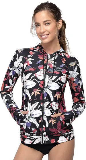 AXESEA Women's Hoodie Rash Guard UV Sun Protection Long Sleeve Hooded Swim Shirts Full Zip Front Swimsuit Tops