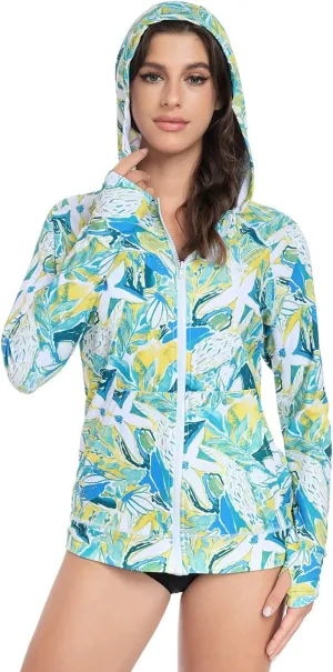 AXESEA Women's Hoodie Rash Guard UV Sun Protection Long Sleeve Hooded Swim Shirts Full Zip Front Swimsuit Tops