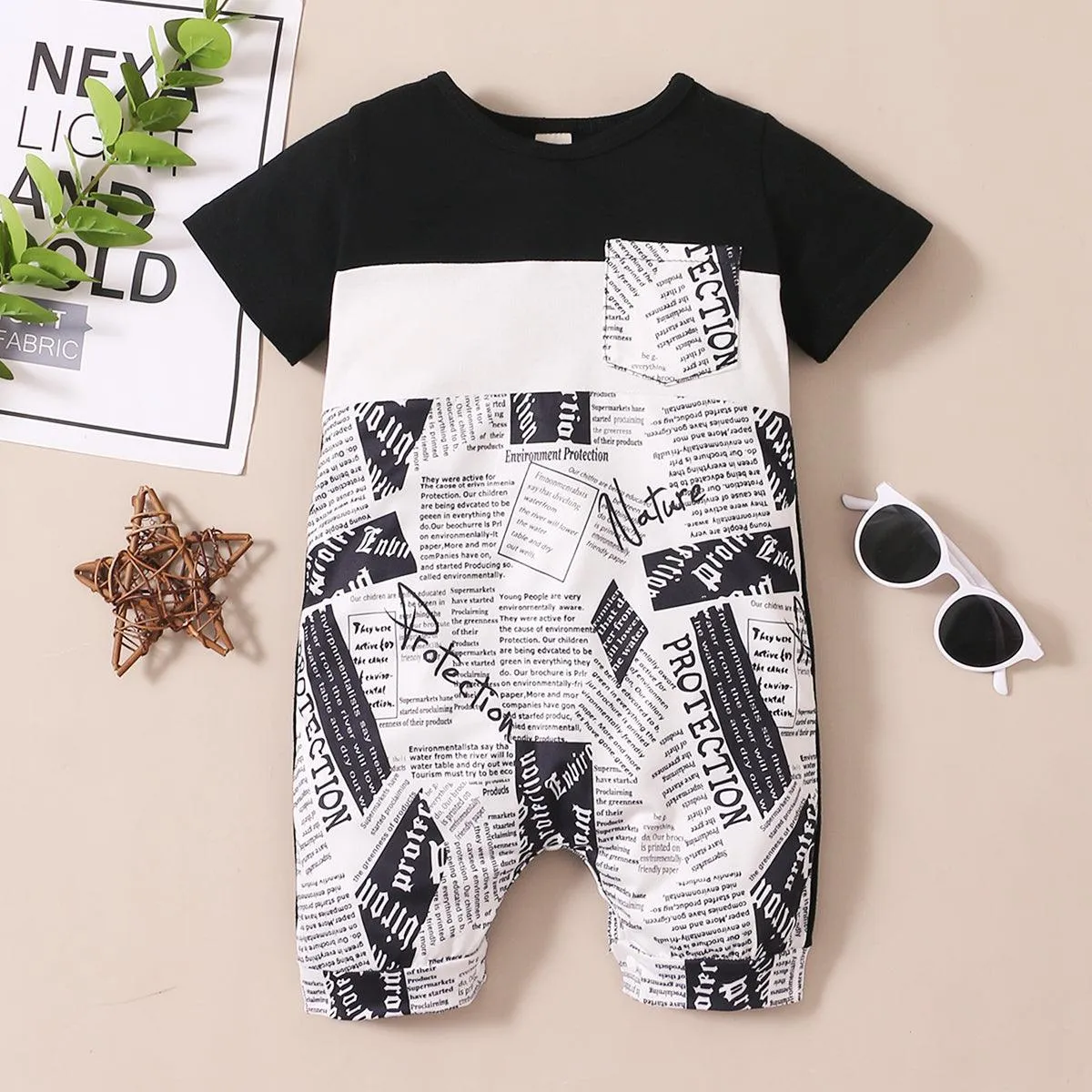 Baby Boy Colorblock Monogram Print Bodysuit Baby Boy Romper Jumpsuit
