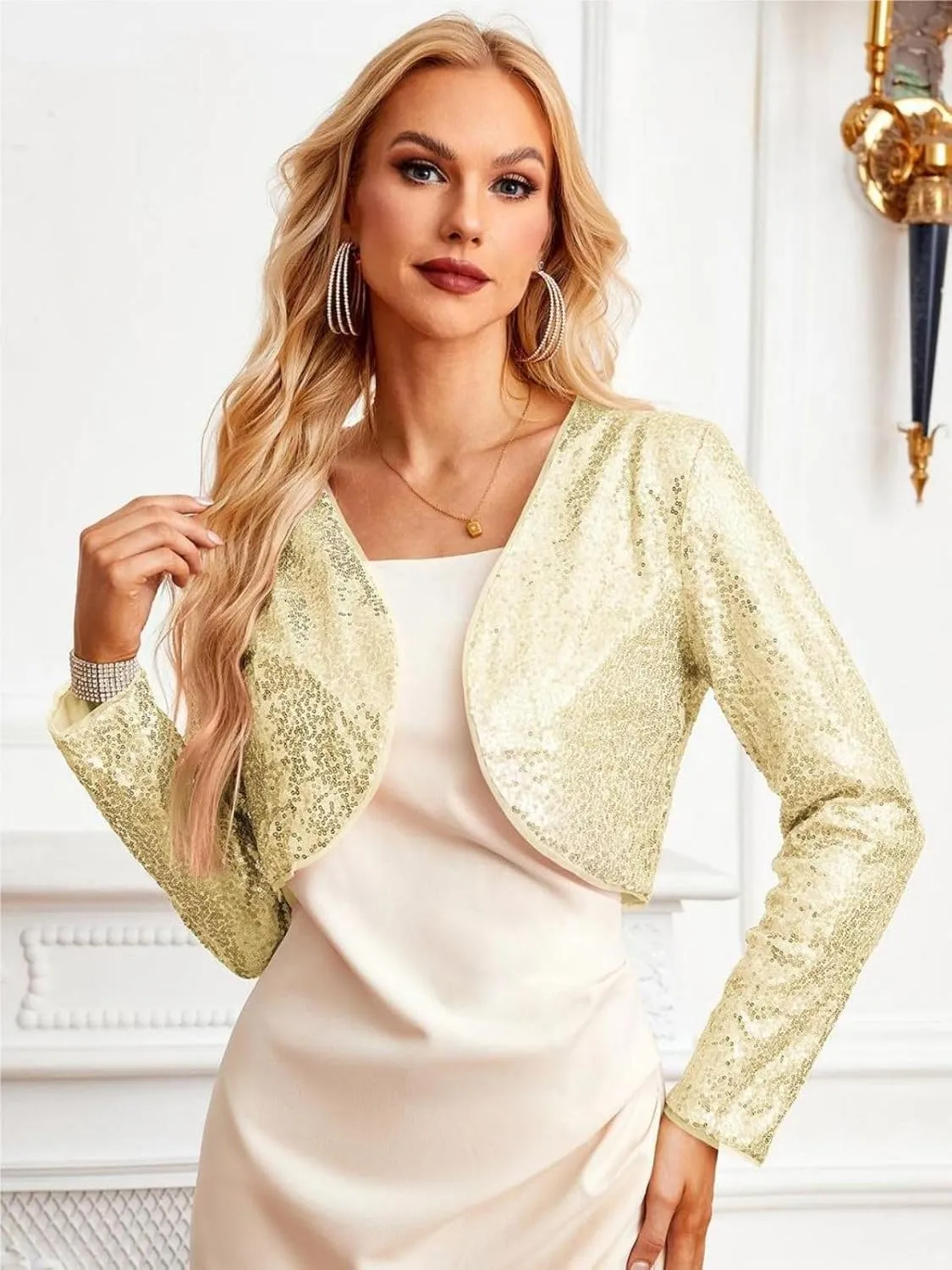Belle Poque Women's Sequin Jacket Open Front Long Sleeve Sparkly Blazer Bolero Shrugs for Dresses S-XXL