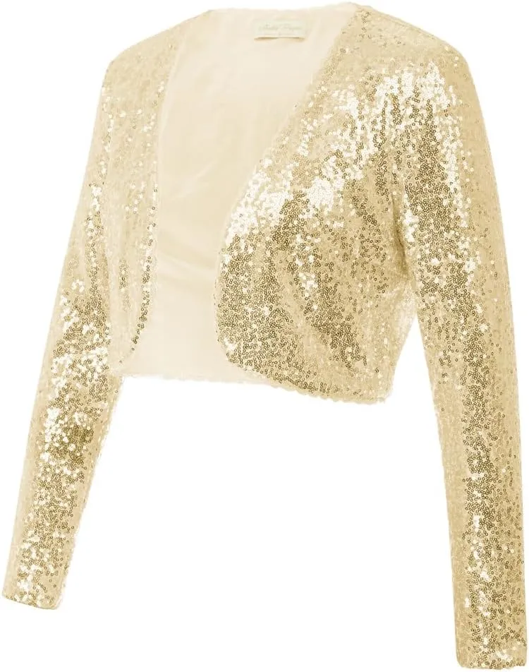 Belle Poque Women's Sequin Jacket Open Front Long Sleeve Sparkly Blazer Bolero Shrugs for Dresses S-XXL