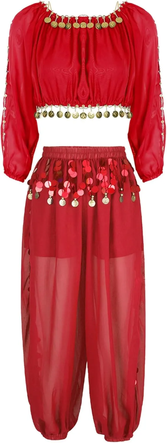 Belly Dance Costume for Women 2Pcs Dancing Outfits Crop Top Harem Pants with Built-in Shorts