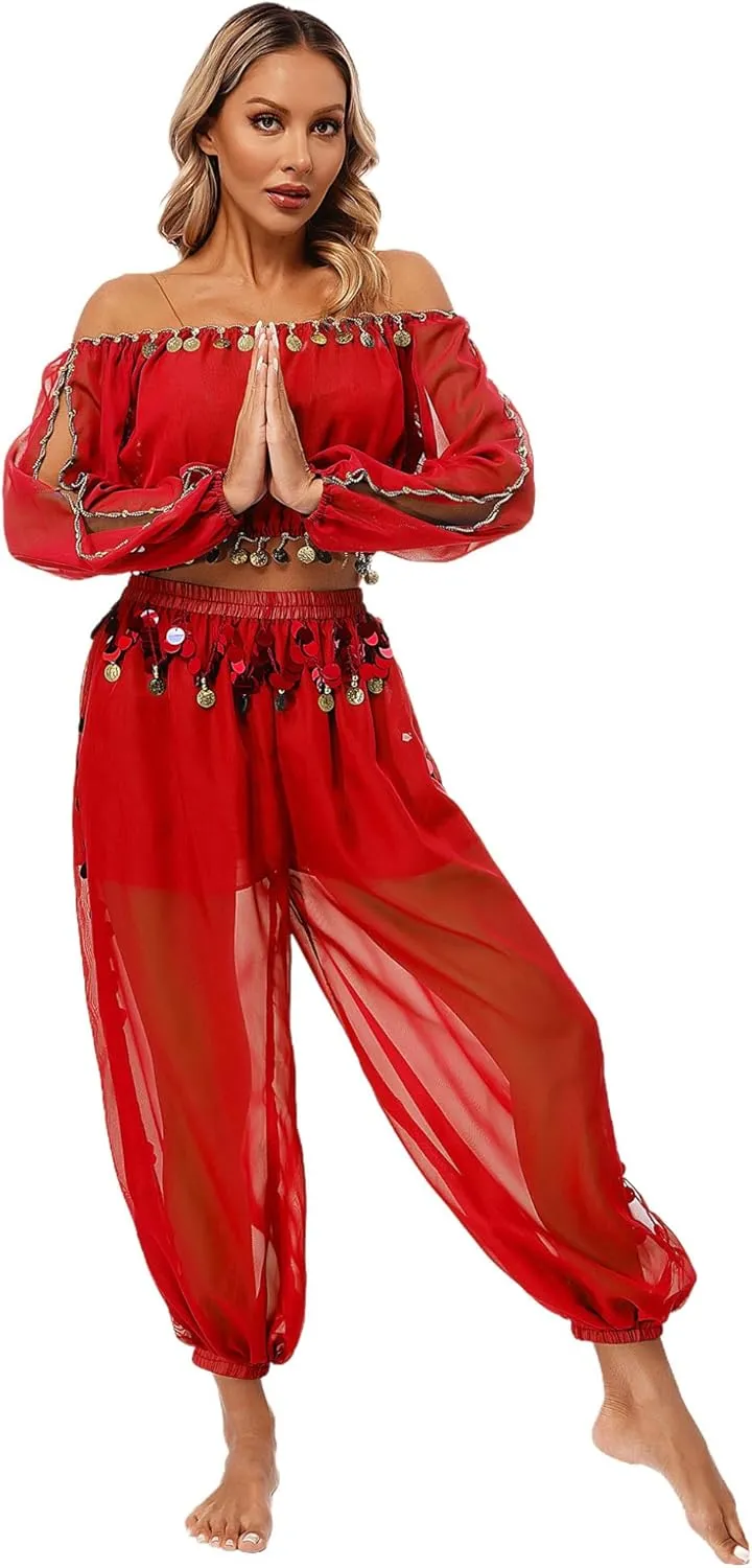 Belly Dance Costume for Women 2Pcs Dancing Outfits Crop Top Harem Pants with Built-in Shorts