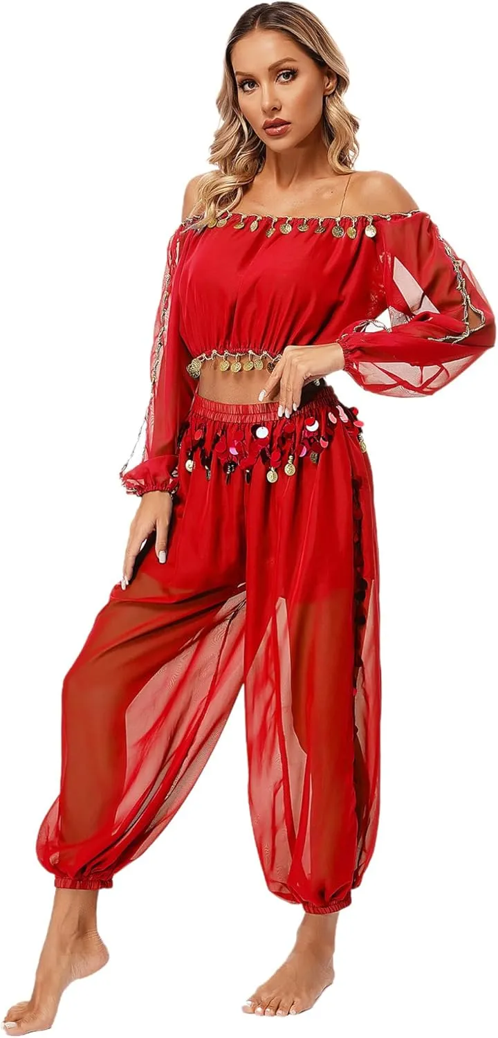 Belly Dance Costume for Women 2Pcs Dancing Outfits Crop Top Harem Pants with Built-in Shorts