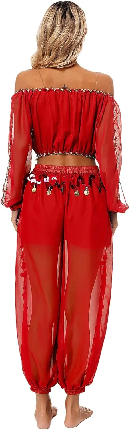 Belly Dance Costume for Women 2Pcs Dancing Outfits Crop Top Harem Pants with Built-in Shorts