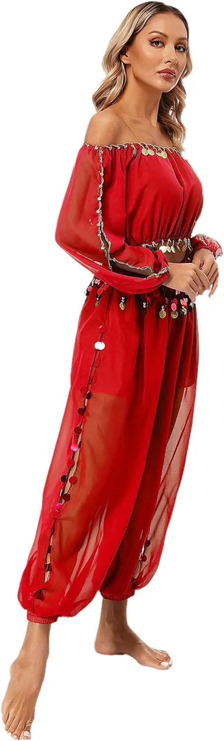 Belly Dance Costume for Women 2Pcs Dancing Outfits Crop Top Harem Pants with Built-in Shorts
