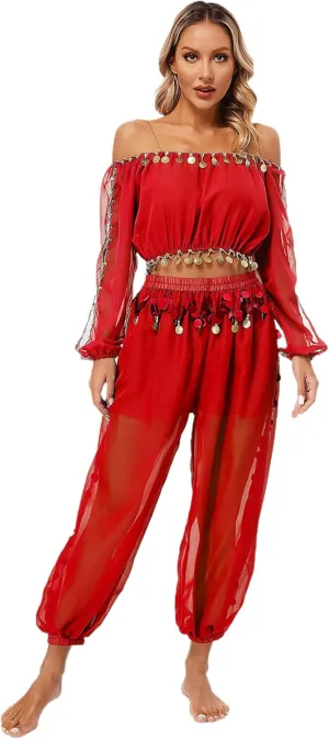 Belly Dance Costume for Women 2Pcs Dancing Outfits Crop Top Harem Pants with Built-in Shorts