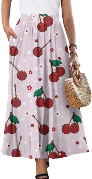 Biyejit Women's Elastic High Waist Pleated A-Line Skirts Flowy Swing Maxi Long Skirt Dress with Pockets